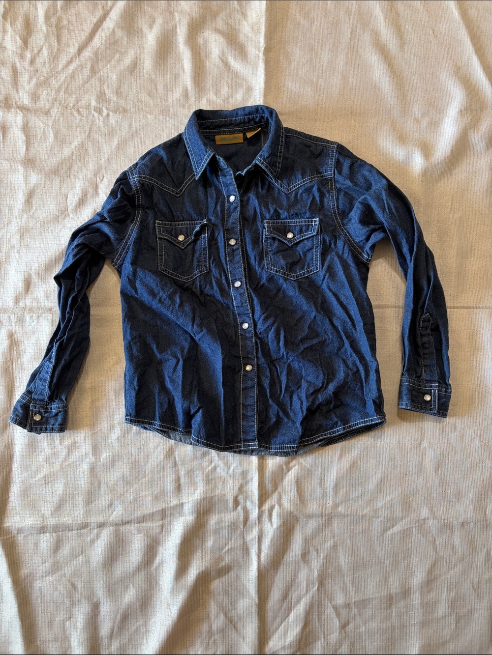 Girls Wrangler Dark Blue Denim Western Pearl Snap Shirt size 12/XL